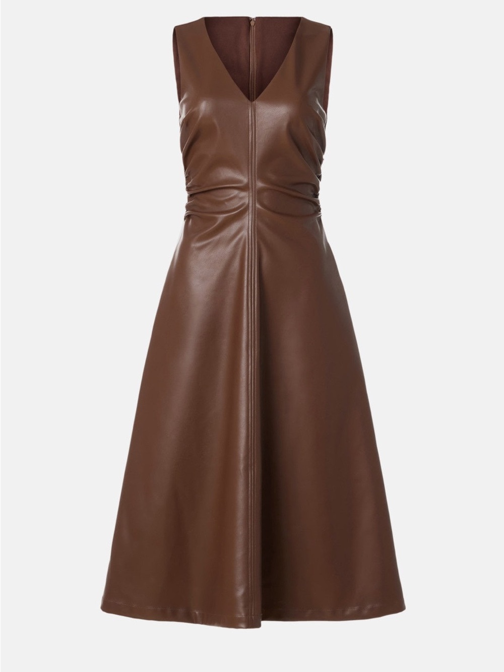 Astr Sleeveless V-Neck Faux Leather Midi Dress in Brown